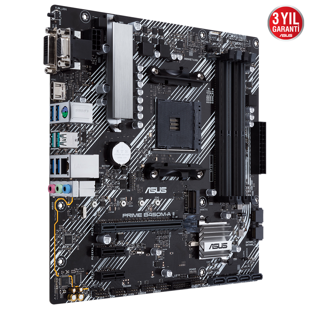 ASUS Prim B450M-A II AMD B450 AM4 DDR4 4400 HDMI DVI VGA M2 USB3.2 AURA RGB mATX 128GB’a kadar ram desteği, BIOS Flashback