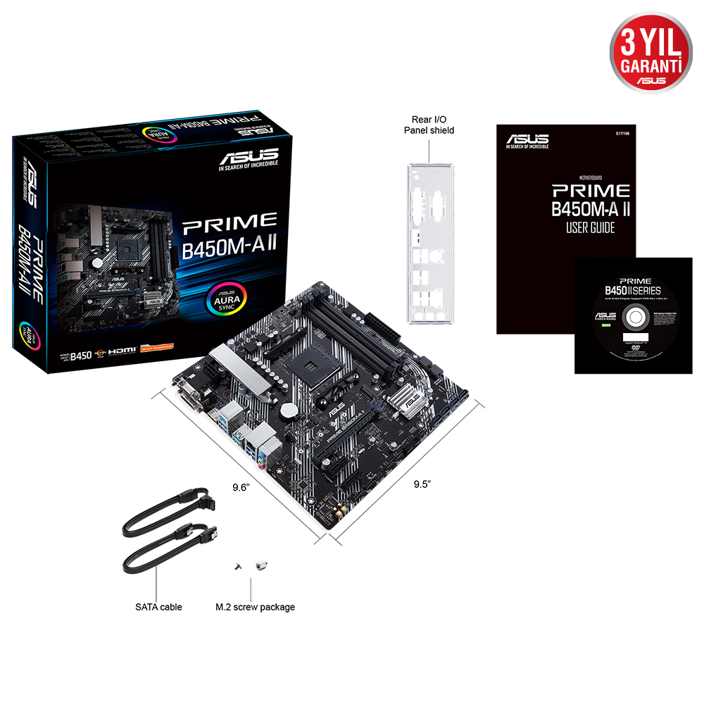 ASUS Prim B450M-A II AMD B450 AM4 DDR4 4400 HDMI DVI VGA M2 USB3.2 AURA RGB mATX 128GB’a kadar ram desteği, BIOS Flashback