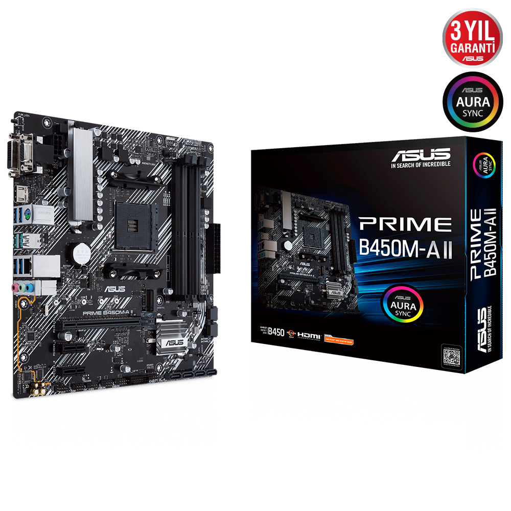 ASUS Prim B450M-A II AMD B450 AM4 DDR4 4400 HDMI DVI VGA M2 USB3.2 AURA RGB mATX 128GB’a kadar ram desteği, BIOS Flashback