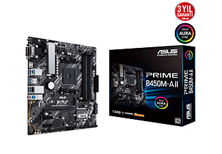 ASUS Prim B450M-A II AMD B450 AM4 DDR4 4400 HDMI DVI VGA M2 USB3.2 AURA RGB mATX 128GB’a kadar ram desteği, BIOS Flashback