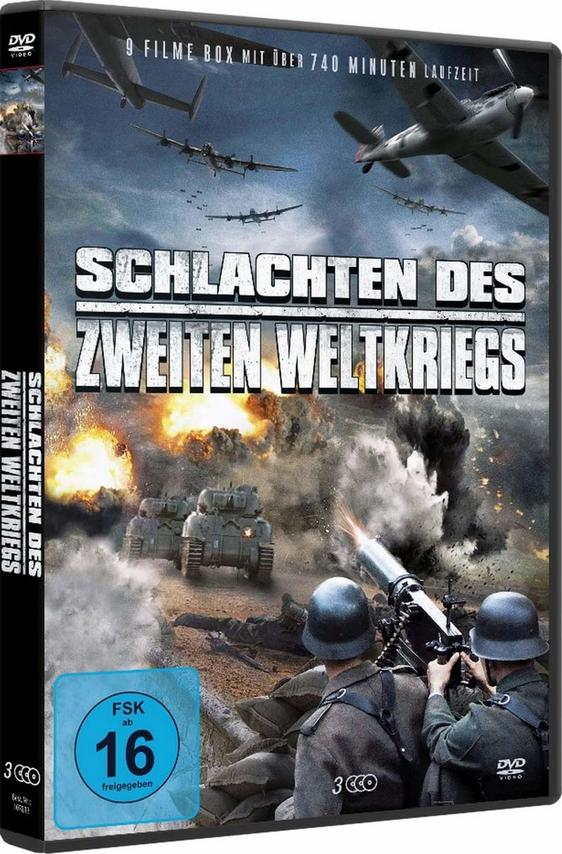 DVD-Box mit Kriegsszene mit Soldaten, Flugzeugen und Panzern.