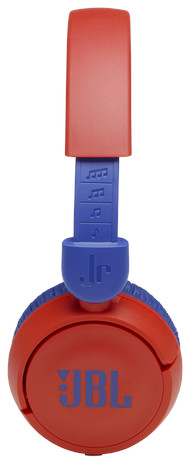 Rode en blauwe JBL-hoofdtelefoon. De oorschelpen zijn rood, de band is blauw en rood. Muzieknoten op de band.