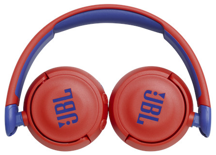 Rode en blauwe JBL-koptelefoon, opgevouwen, op een witte achtergrond, bovenaanzicht.