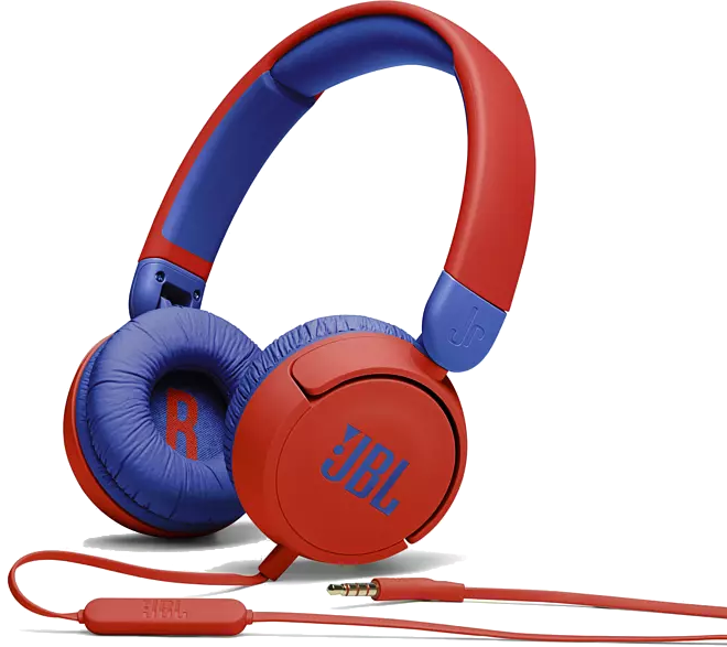 Rode en blauwe JBL-koptelefoon. De oorschelpen zijn blauw met een rode hoofdband. JBL-logo in blauw.