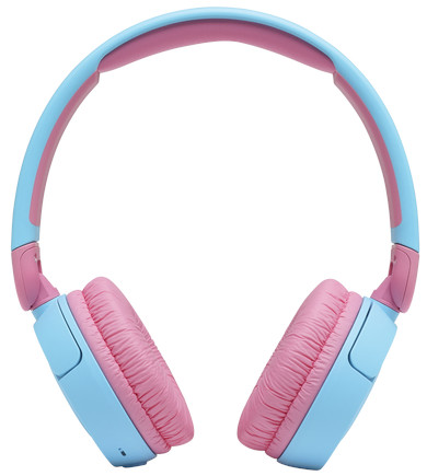 Blauwe en roze koptelefoon met oorschelpen en hoofdband, van bovenaf gezien.
