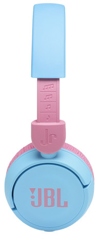 JBL Jr. hoofdtelefoon, blauw en roze, met het JBL-logo.