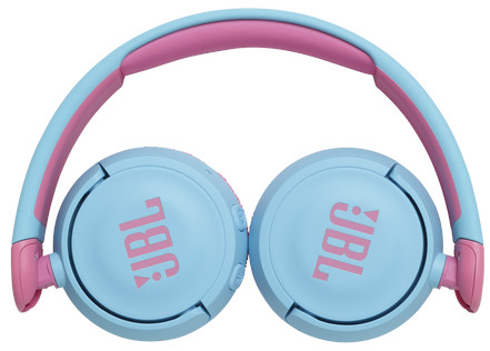 Blauwe en roze JBL-hoofdtelefoon opgevouwen.