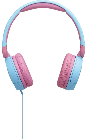 Casque audio bleu clair avec coussinets roses et arceau bleu, avec un câble, sur fond blanc.