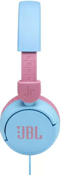Casque JBL Jr. bleu et rose avec un bandeau rose et des écouteurs bleus. Un fond blanc.