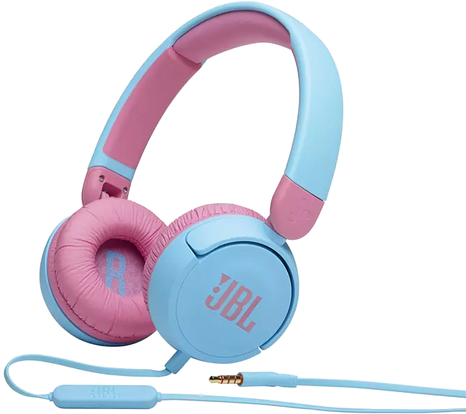 Casque bleu et rose avec le logo JBL et un câble.