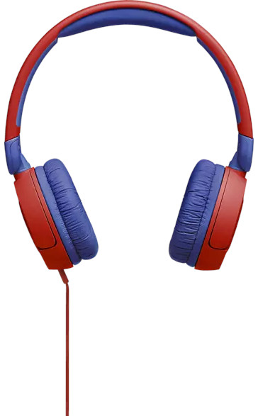 Rode en blauwe koptelefoon op witte achtergrond. De kabel is rood.