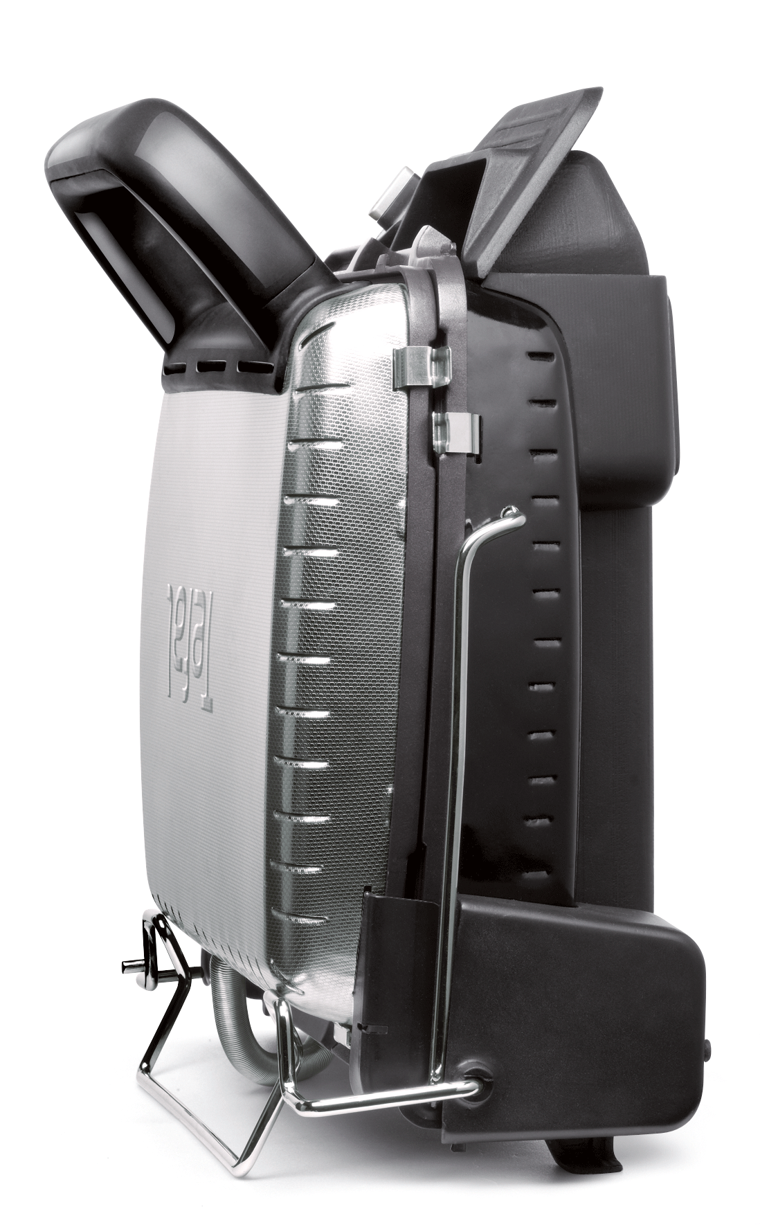 Een zilver en zwart Tefal-apparaat, schuine weergave, witte achtergrond.