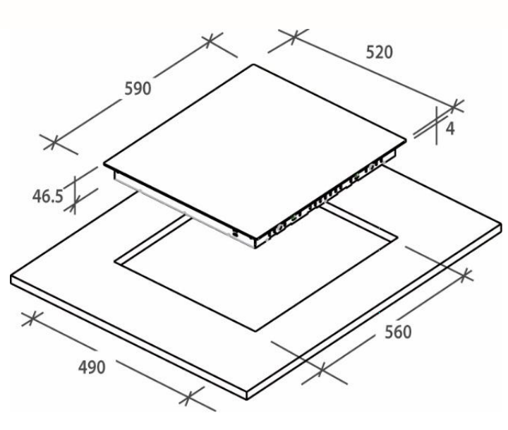 Főzőlap izometrikus rajza. Méretek: 590x520x46,5 mm. A főzőlap egy téglalap alakú kivágásba van beépítve.