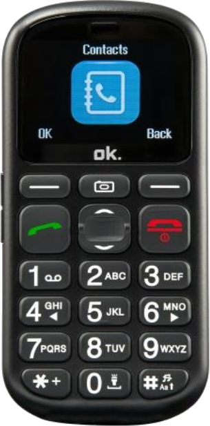 Een zwarte telefoon met een toetsenbord en een scherm met een contacten-pictogram.