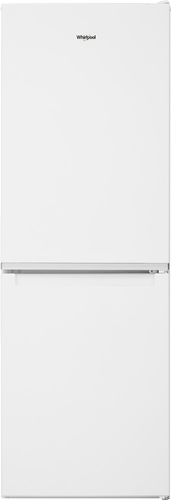 Witte koelkast met twee deuren en een Whirlpool-logo. Het is een hoge, verticale machine.