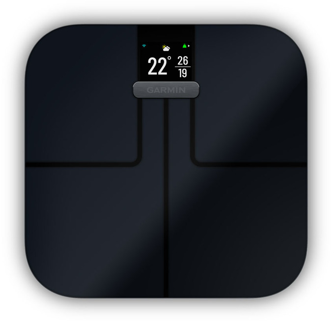 Egy fekete Garmin okosmérleg digitális kijelzővel, amely 22 és 26 fokot mutat. Garmin logó látható.