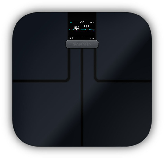 Fekete Garmin okosmérleg. Súlyt és testméreteket jelenít meg a képernyőn.