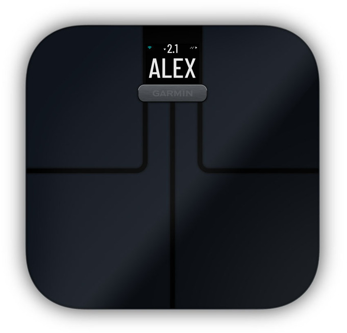 Fekete-szürke okosmérleg Garmin logóval, 'ALEX' felirattal.
