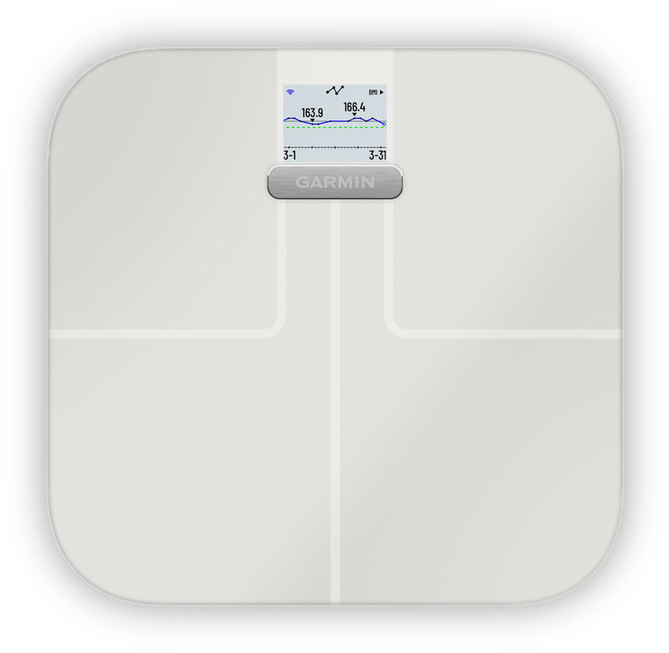 Fehér Garmin okosmérleg digitális kijelzővel, amely a súlyt és a trenddiagramot mutatja.
