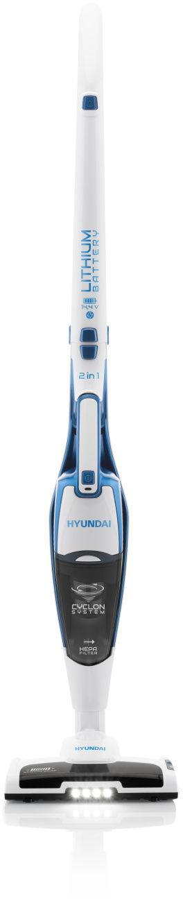 Fehér és kék Hyundai pálcás porszívó, szögletes nézet, alul lámpákkal.