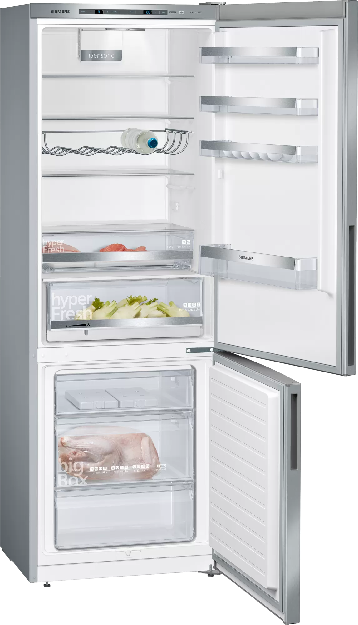 Opened Siemens refrigerator, showing shelves, drawers, and food items inside.
