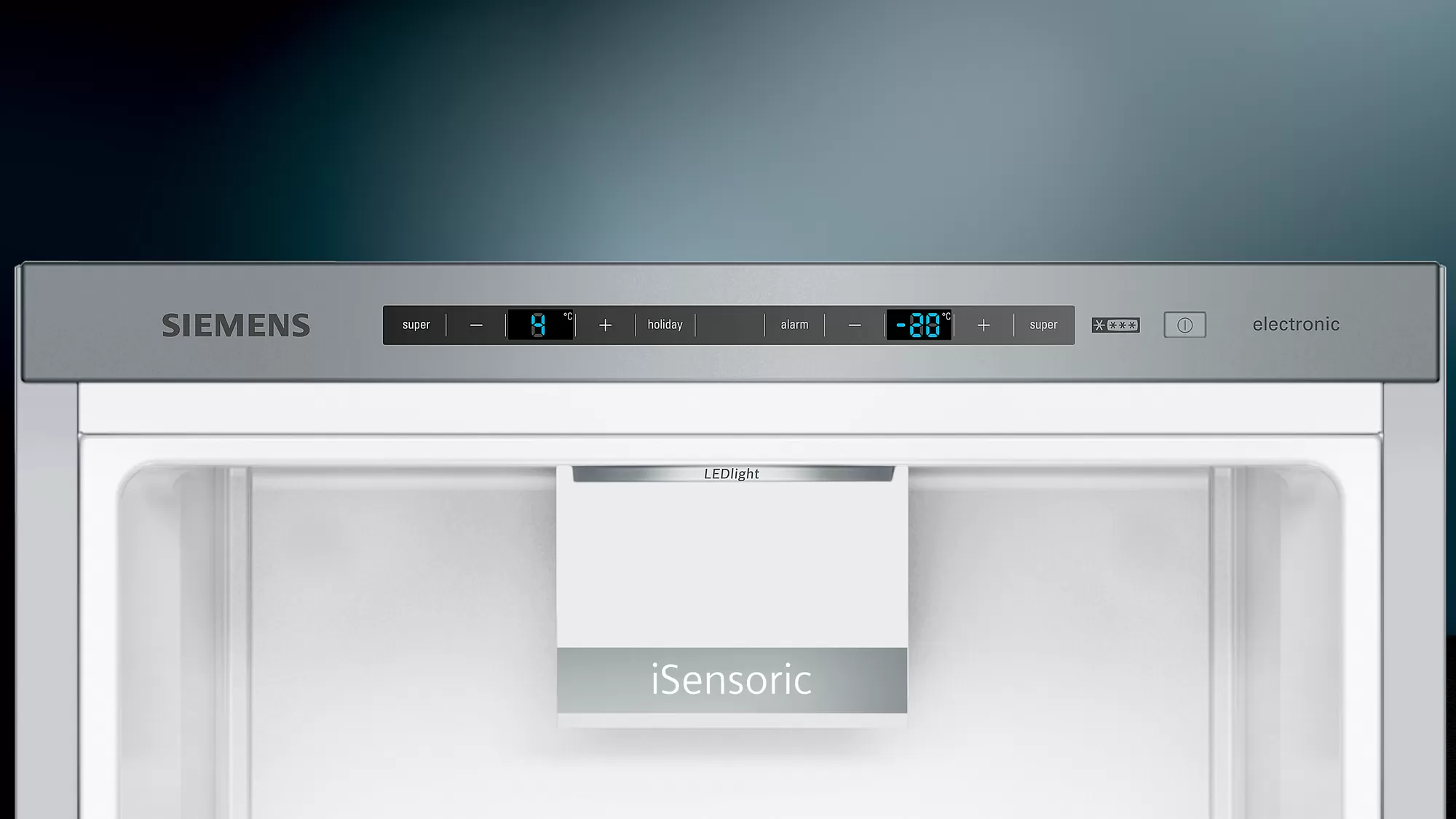 Siemens fridge display. Shows super, temperature, holiday, alarm, and other settings. Gray color.