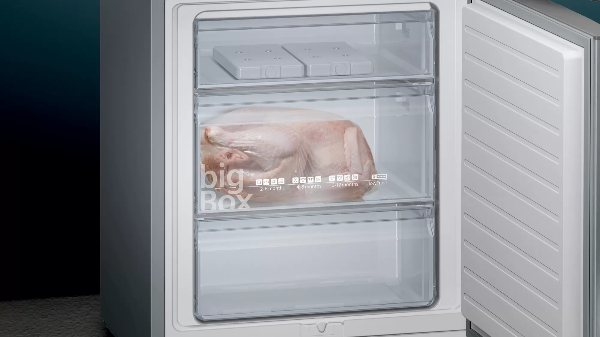 Freezer with open door, showing freezer drawers with a turkey inside.