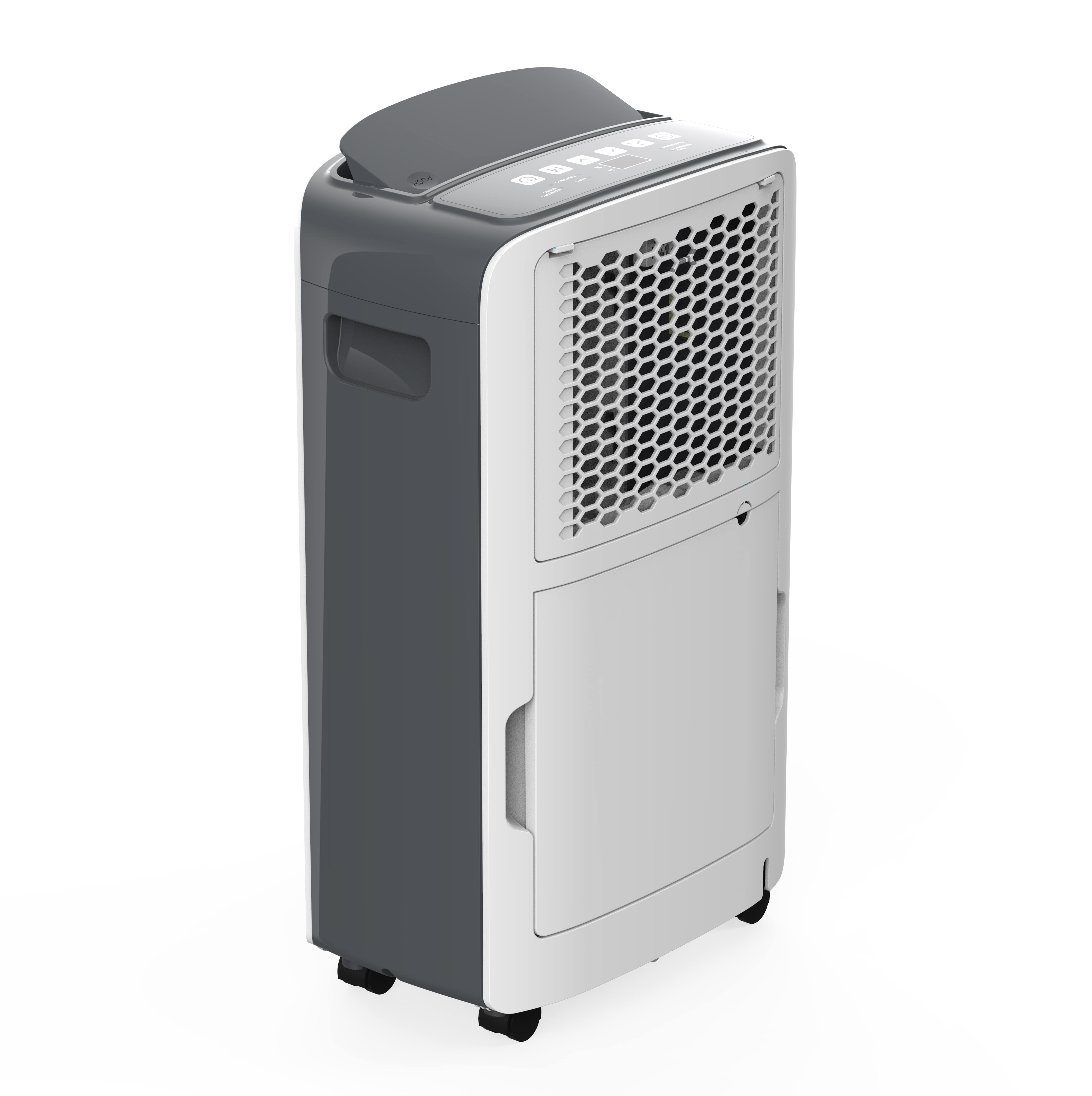 Un deshumidificador blanco y gris con un panel de control en la parte superior, sobre ruedas.