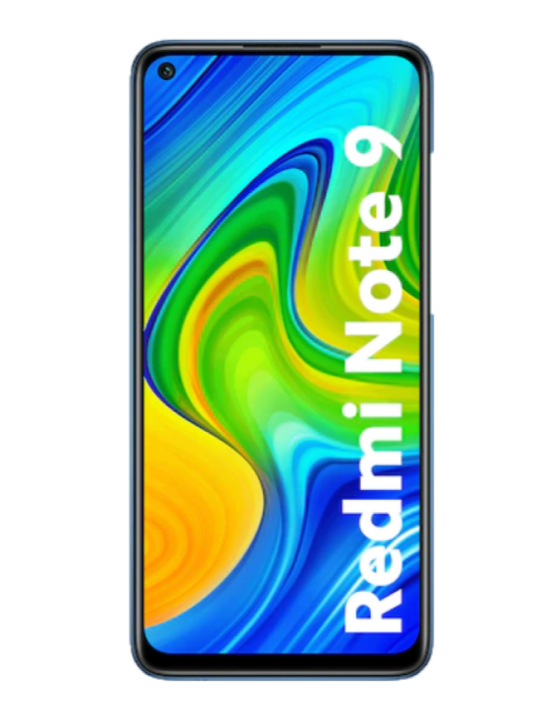 Smartphone Redmi Note 9, parte trasera azul y marco negro, con el texto 'Redmi Note 9'.