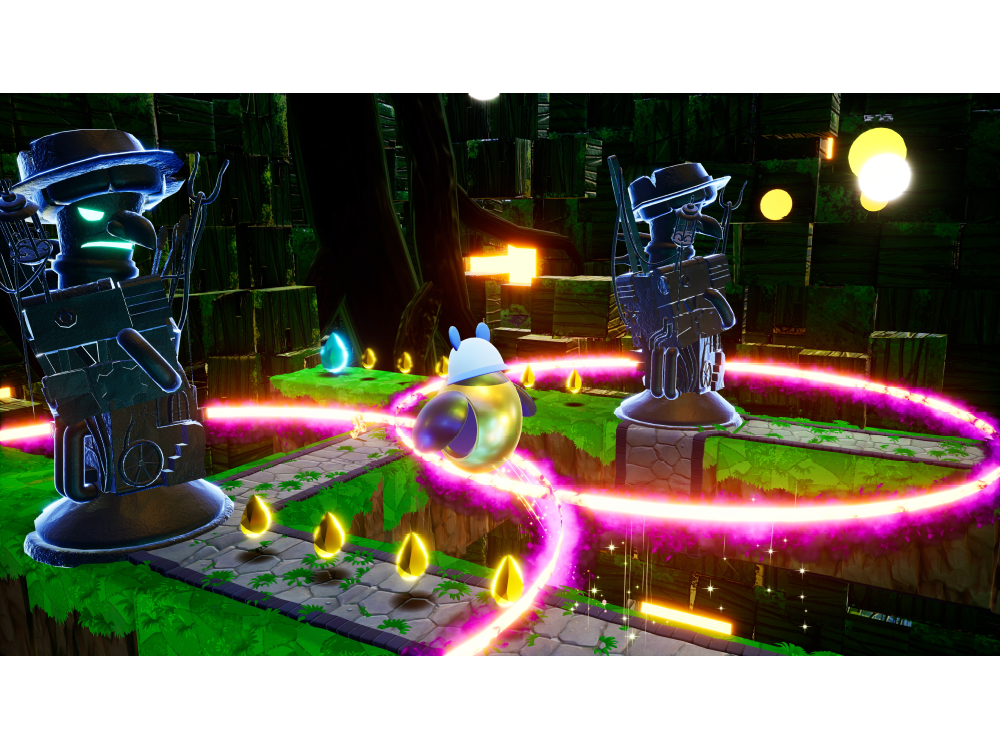 Escena de videojuego. Un personaje en una pista con monedas de oro y estatuas.