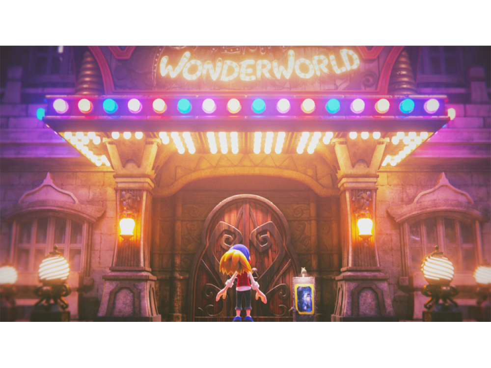 Una entrada al parque de atracciones Wonderworld. Un personaje está de pie frente a la entrada.