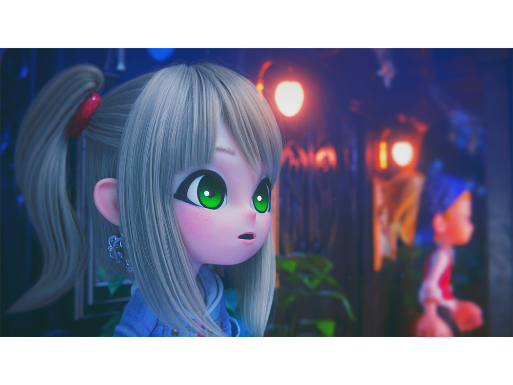 Una niña de dibujos animados con pelo gris y ojos verdes parece sorprendida. Fondo borroso.