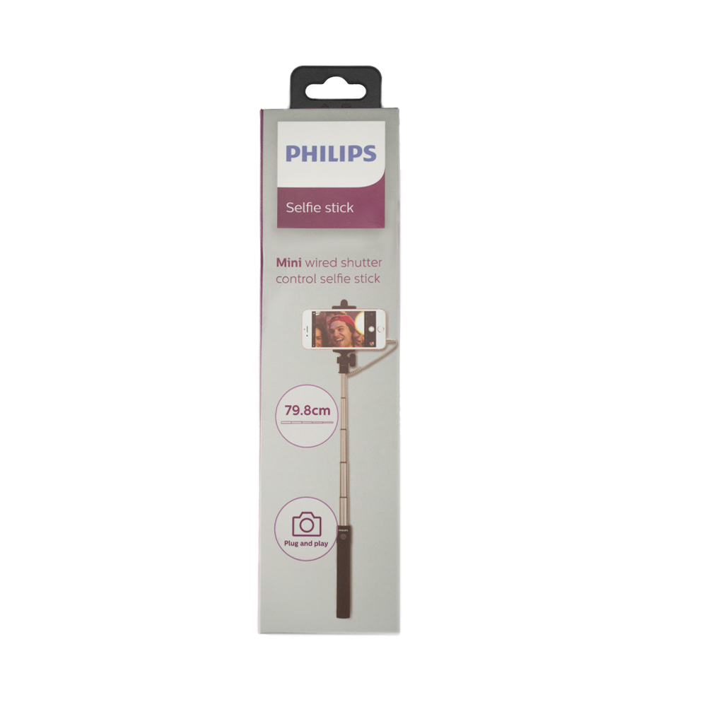 Ambalajında Philips selfie çubuğu, telefon görüntüsü ve ürün adıyla.