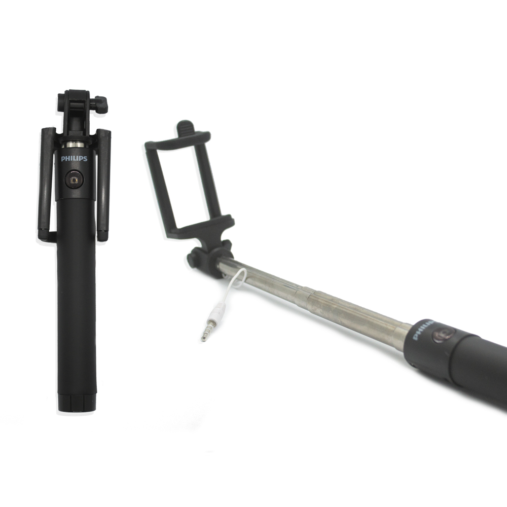 Telefon tutuculu ve jak kablolu siyah Philips selfie çubuğu.