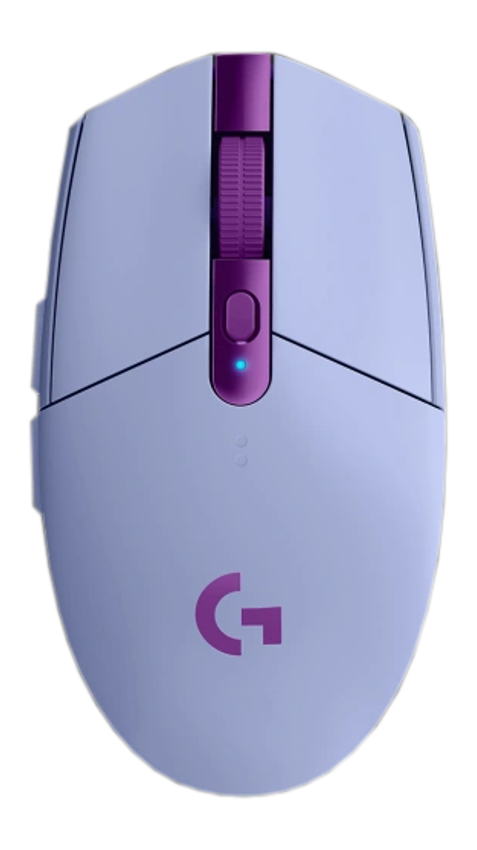 Hellviolette Gaming-Maus mit Scrollrad und G-Logo.
