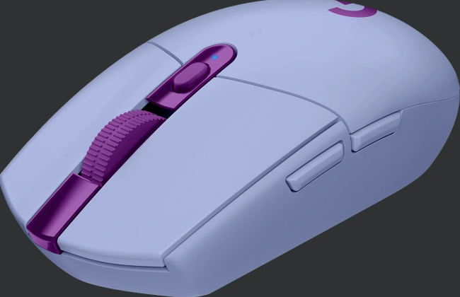 Hellviolette kabellose Maus mit lila Scrollrad und Tasten.