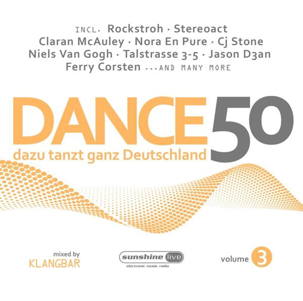 Ein CD-Cover mit Text und einem Wellenmuster: Dance 50, dazu tanzt ganz Deutschland.
