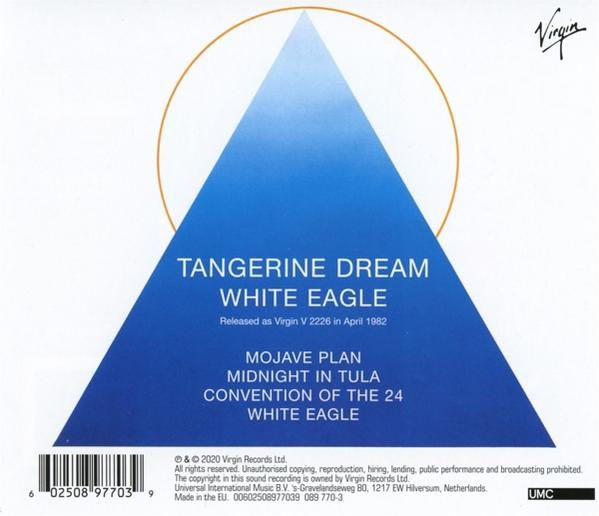 CD-borító fehér szöveggel egy kék háromszögön, Tangerine Dream-mel és a dalok neveivel.