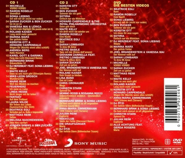 CD-Cover-Zusammenstellung mit deutschen Titellisten. Mit Künstlern und Songtiteln in roter und weißer Schrift.