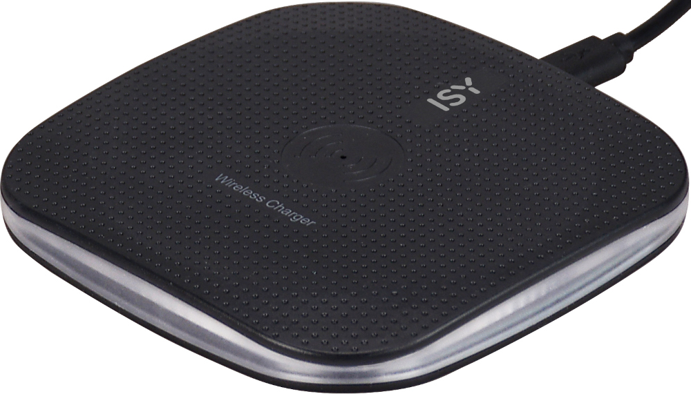 Een zwart draadloos oplaadpad met een zwarte kabel. Het heeft de naam "ISY".