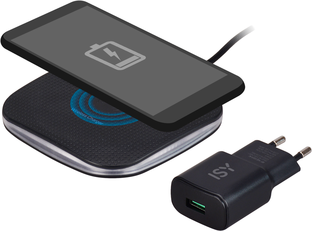 Draadloze oplader met telefoon erop en voedingsadapter. Zwarte oplader en telefoon.