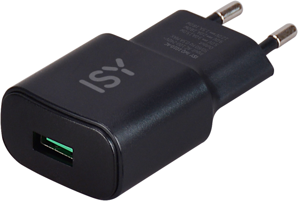 Zwarte ISY-oplader met een USB-poort, witte achtergrond.