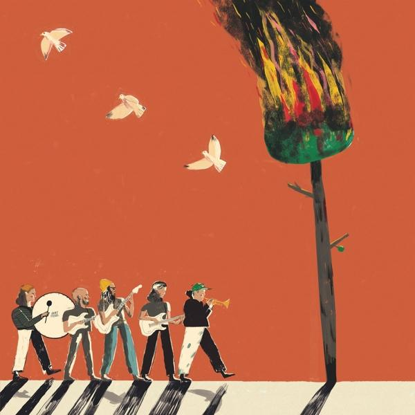 Illustration d'un groupe marchant, arbre en feu, oiseaux et fond orange.