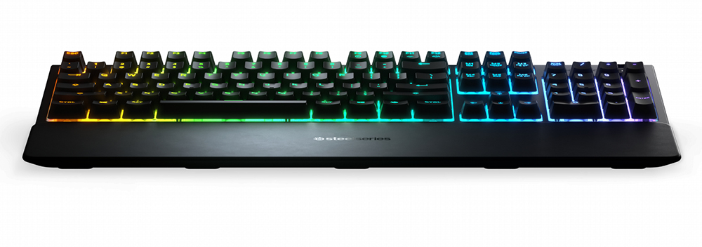 Black keyboard with RGB lighting. The keys are illuminated with multiple colors.