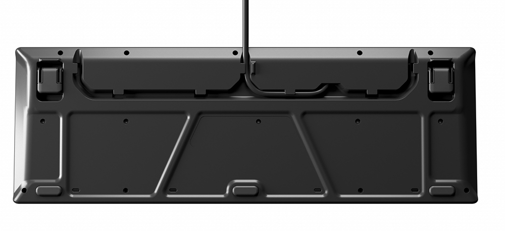 Bottom view of a black keyboard with legs and cable. Shows the back of the keyboard.