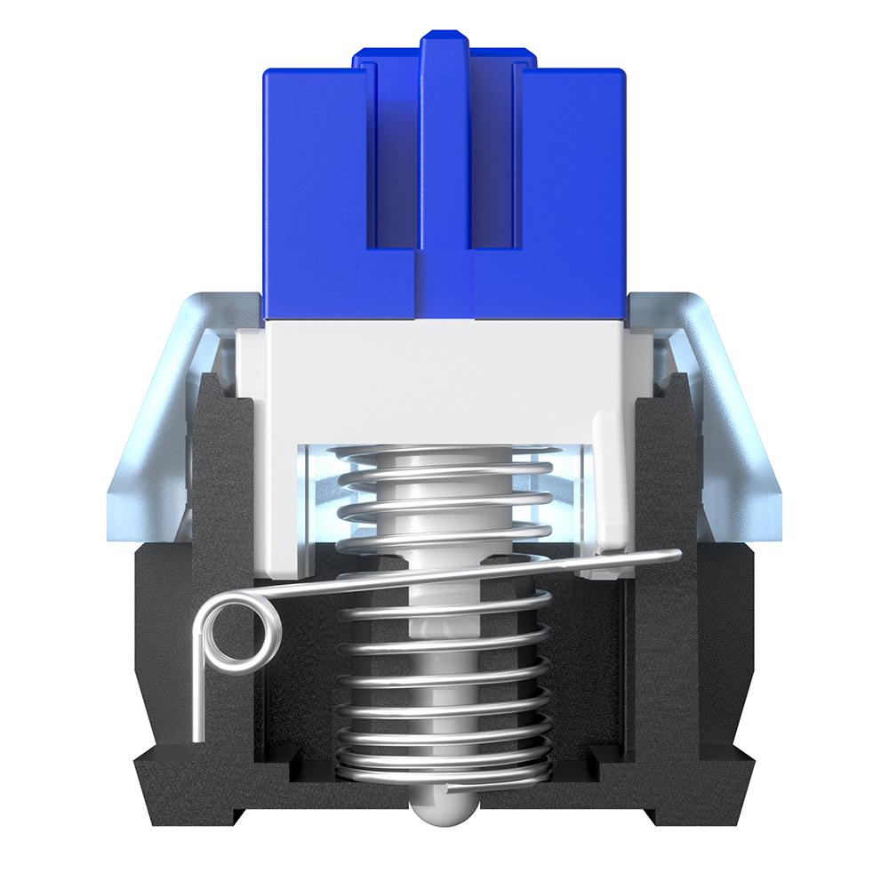 Cross-section of a blue and white mechanical keyboard switch, showing internal components.