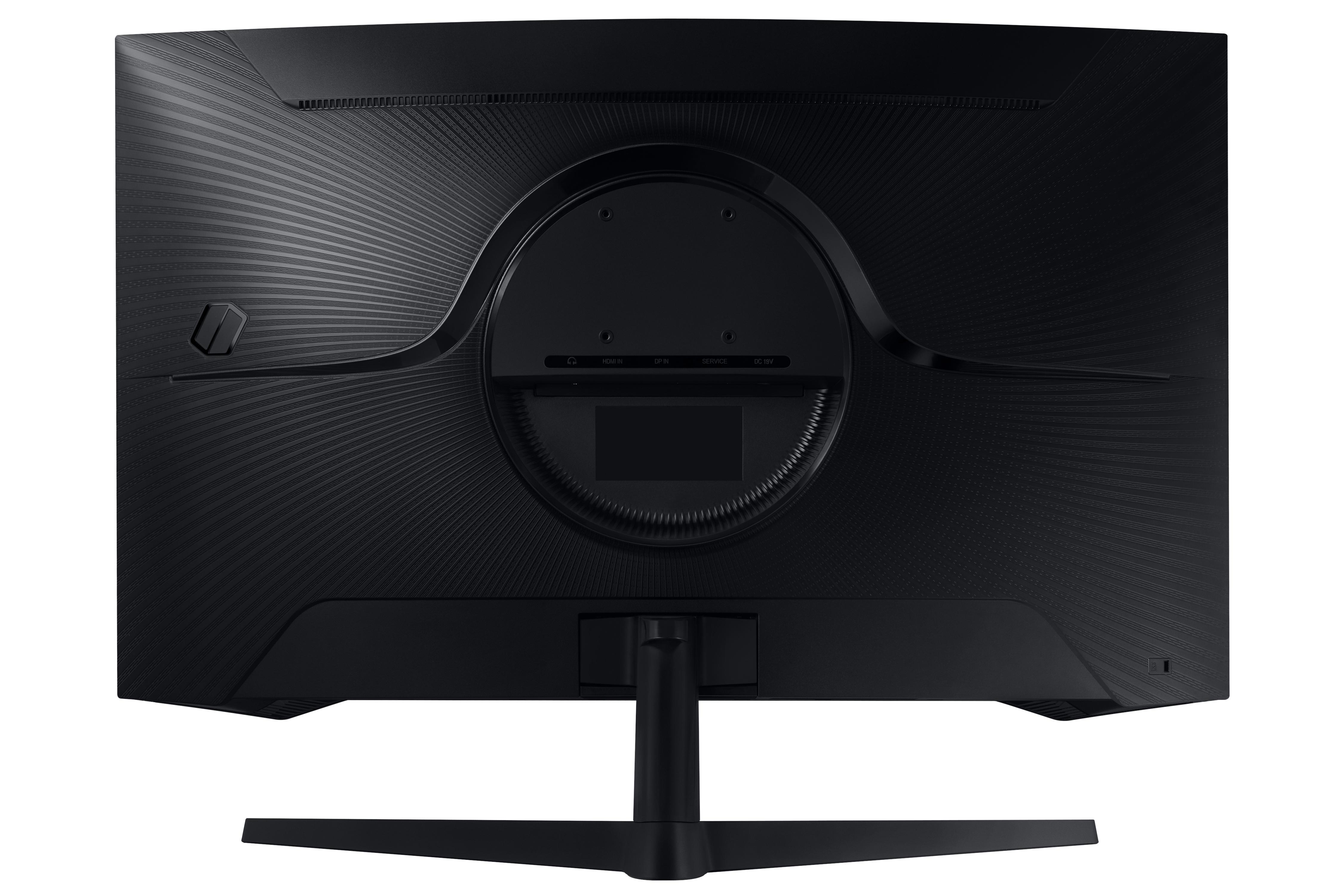 Rückseite eines schwarzen Computermonitors mit Anschlüssen und Ständer. Weißer Hintergrund.