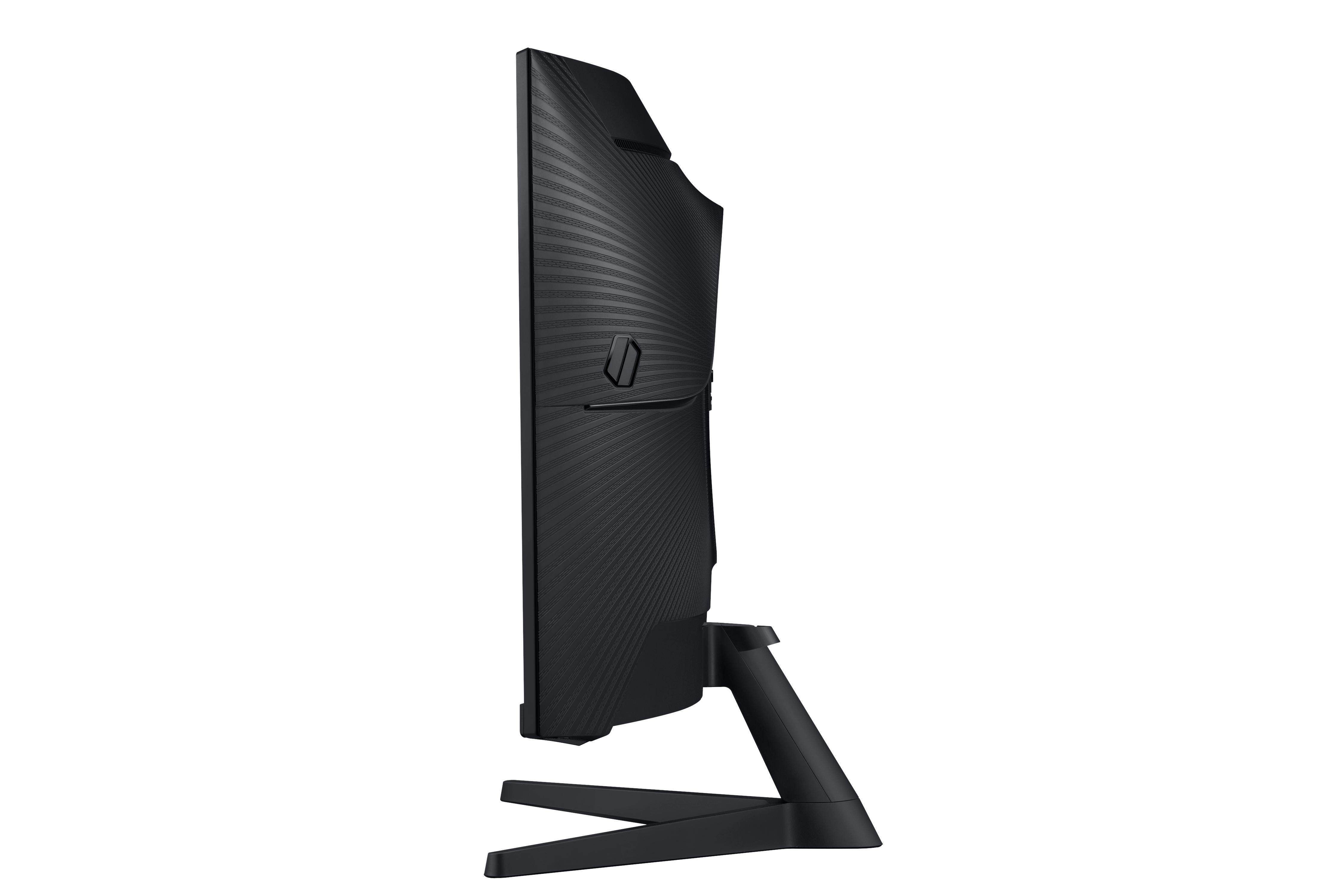 Schwarzer, gebogener Monitor, Seitenansicht, mit Ständer. Weißer Hintergrund, Samsung-Logo.