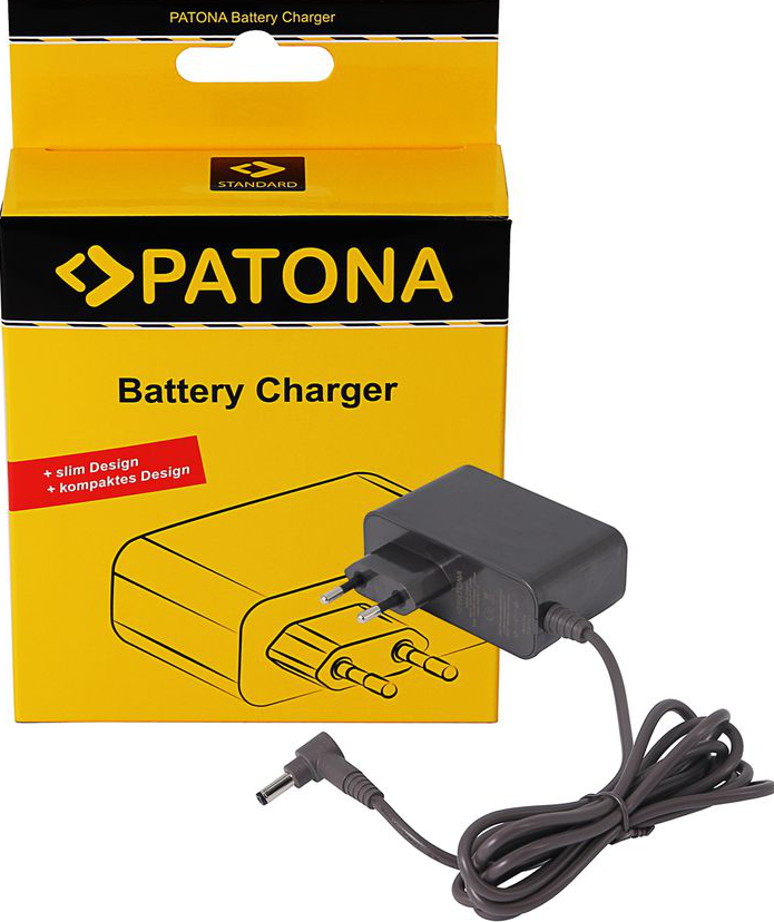 Patona Batterieladegerät in gelber Box, mit Ladegerät und Kabel.