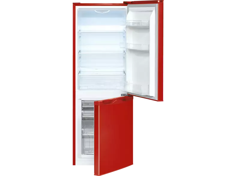 Roter Kühlschrank, Tür offen mit Regalen und Schubladen. Innen weiß.